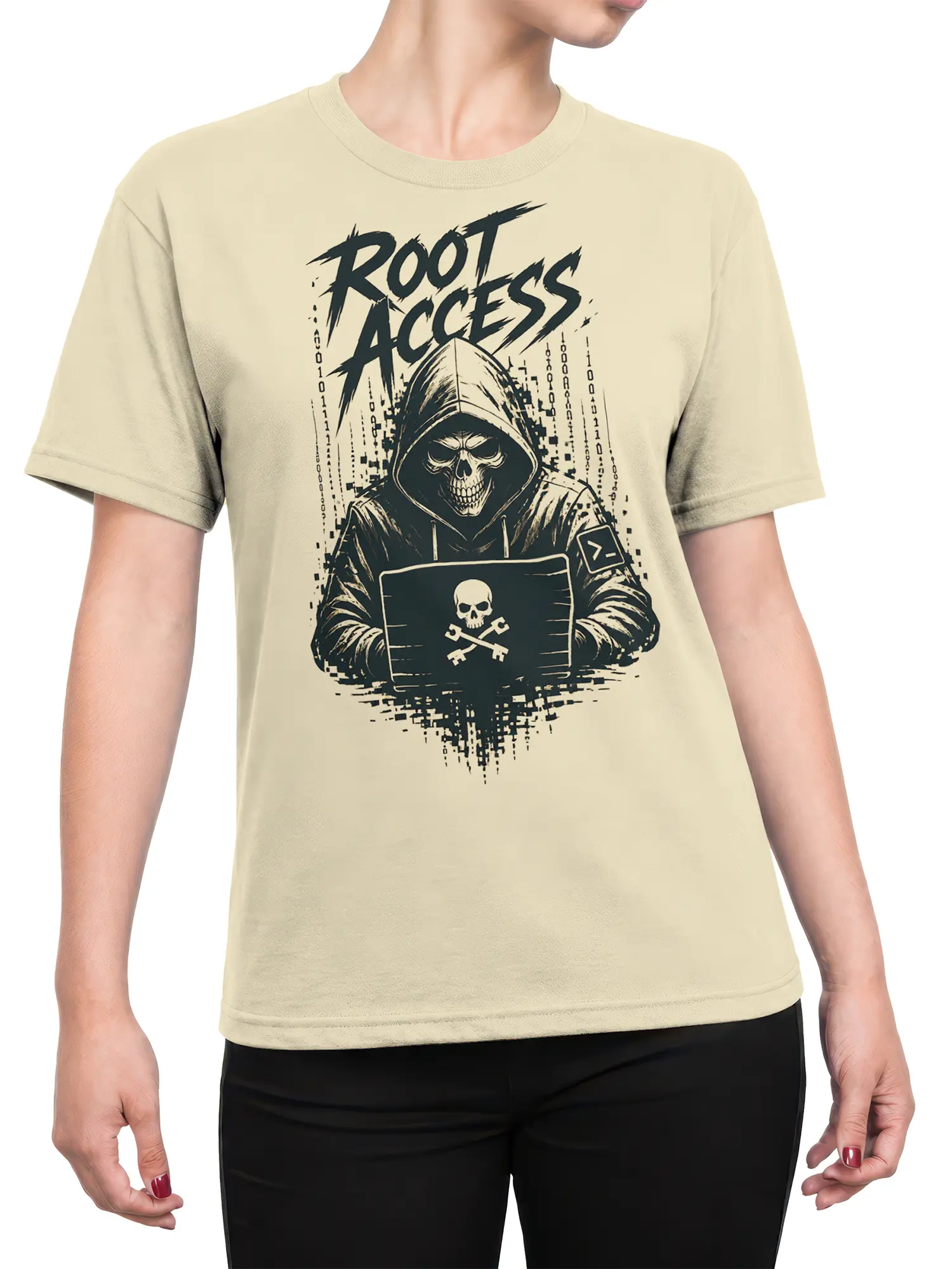Female torso wearing a beige Root Access shirt with a hooded skull laptop graphic