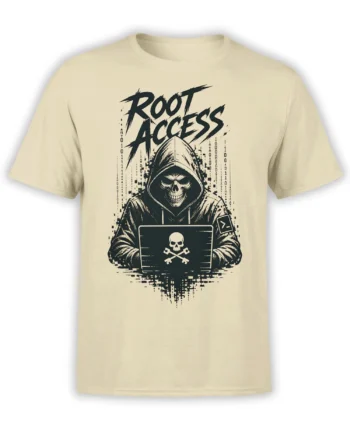 Beige Root Access T-shirt with a hooded skull using a laptop and crossed keys