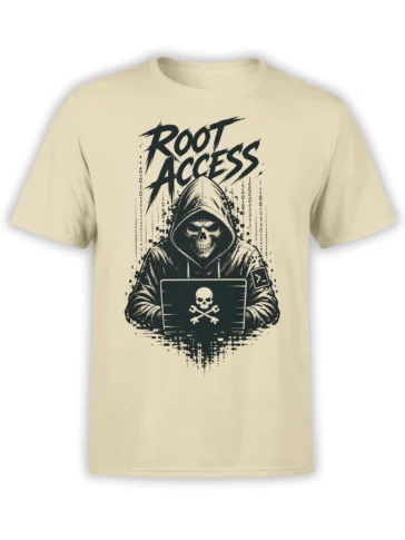 Beige Root Access T-shirt with a hooded skull using a laptop and crossed keys