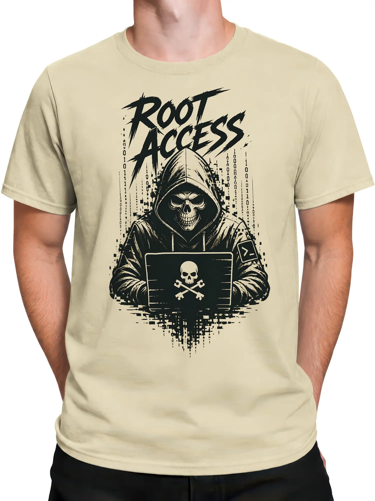 Male torso wearing a beige skull programmer T-shirt with Root Access artwork