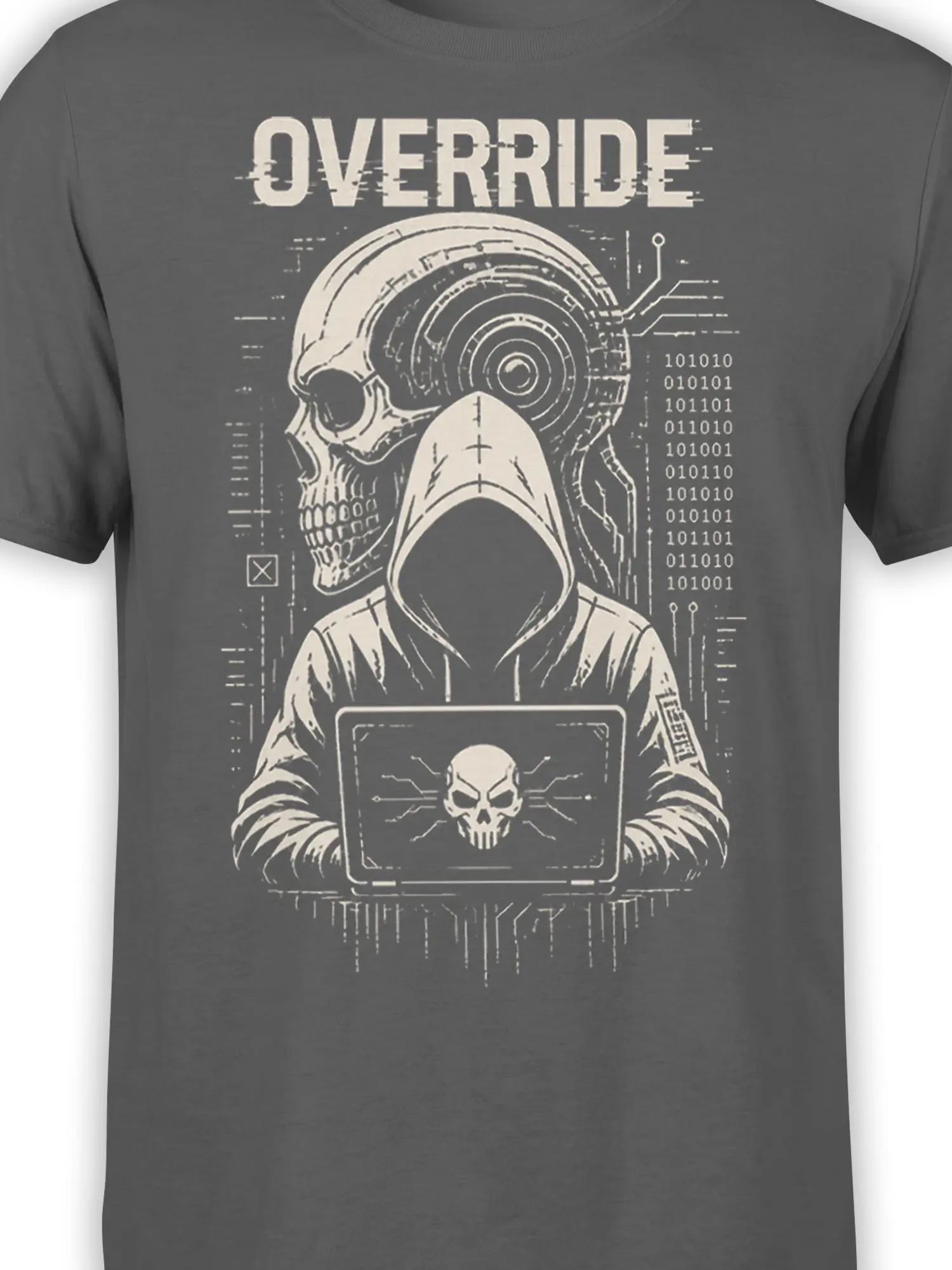 Close-up of OVERRIDE cyber skull artwork with hooded figure, laptop skull, binary code, and circuit details