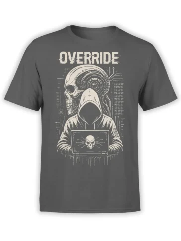 Dark gray cyber skull T-shirt with hooded figure, laptop skull, binary code, circuits, and OVERRIDE text