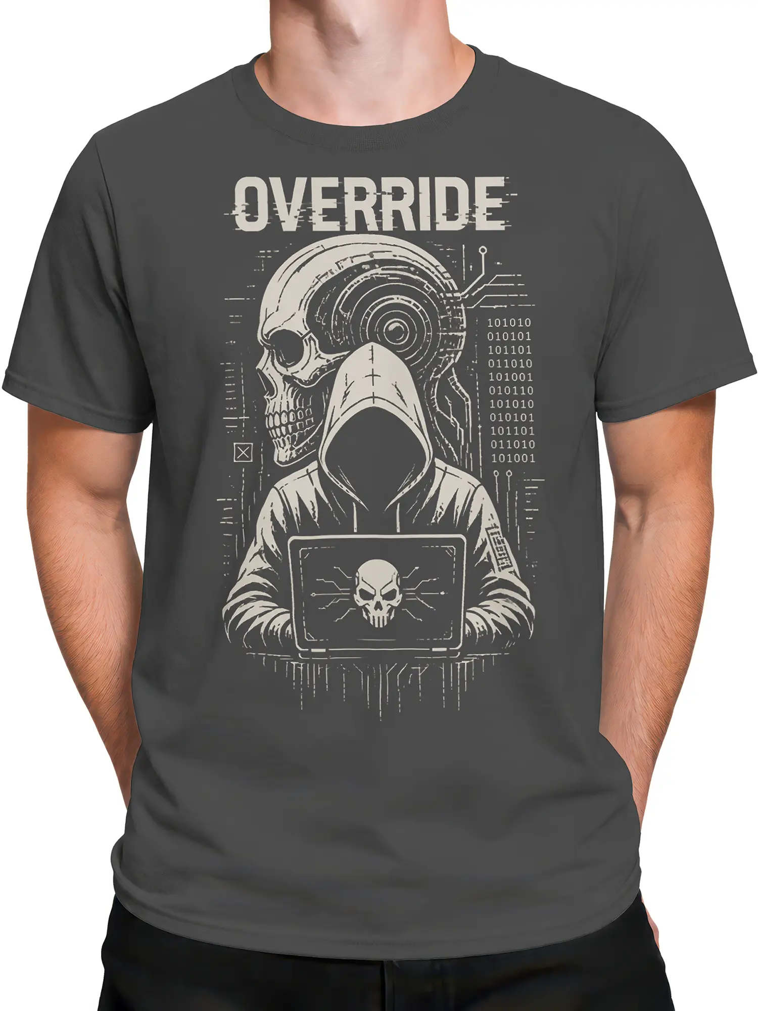 Male torso wearing dark gray Override cyber skull T-shirt with hooded figure, laptop skull, binary code, and circuits