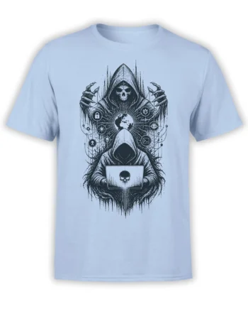 Hooded skulls and laptop hacker design with a globe and cyber symbols on a light blue T-shirt