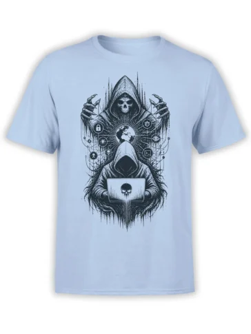 Hooded skulls and laptop hacker design with a globe and cyber symbols on a light blue T-shirt