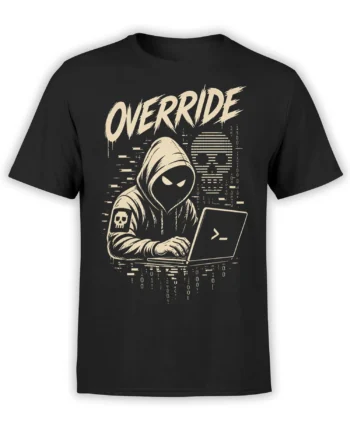 Black T-shirt with a hooded hacker at a laptop, cream Override lettering, binary code, and a skull patch