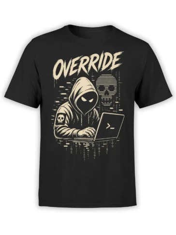 Black T-shirt with a hooded hacker at a laptop, cream Override lettering, binary code, and a skull patch