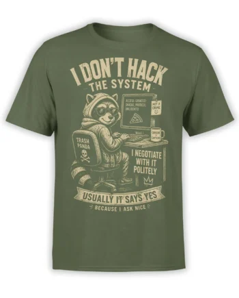 Green raccoon T-shirt with sunglasses, snack protocol computer scene, pizza, caffeine mug, and sarcastic text