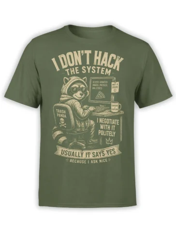 Green raccoon T-shirt with sunglasses, snack protocol computer scene, pizza, caffeine mug, and sarcastic text