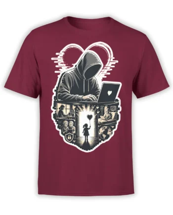 Hooded figure using a laptop beneath a heart signal on a burgundy digital connection T-shirt