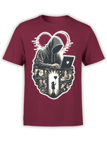 Hooded figure using a laptop beneath a heart signal on a burgundy digital connection T-shirt