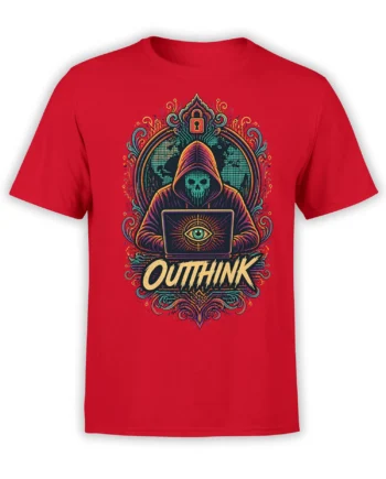 Red T-shirt with hooded digital figure, eye laptop, globe, lock symbol, and bold OUTTHINK design