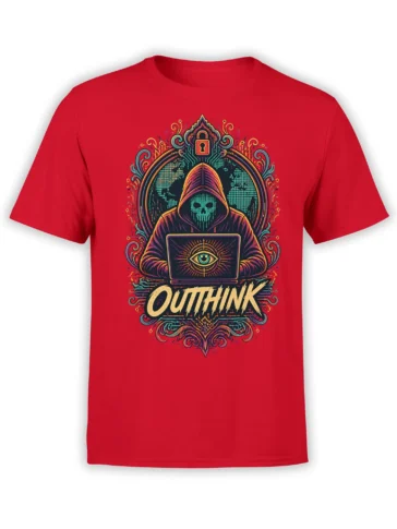 Red T-shirt with hooded digital figure, eye laptop, globe, lock symbol, and bold OUTTHINK design