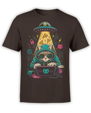 Brown T-shirt with a cosmic cat in sunglasses coding on a laptop beneath a UFO and falling pizza