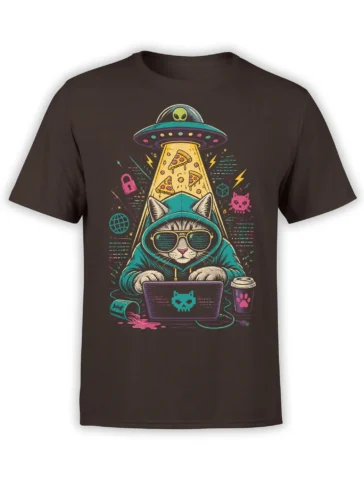 Brown T-shirt with a cosmic cat in sunglasses coding on a laptop beneath a UFO and falling pizza