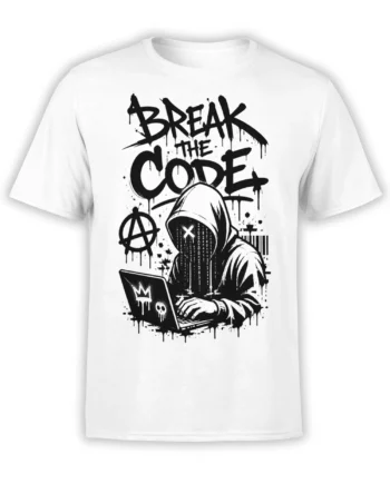White hacker T-shirt with hooded coder, laptop, anarchy symbol, and BREAK THE CODE street-art design