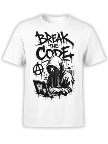 White hacker T-shirt with hooded coder, laptop, anarchy symbol, and BREAK THE CODE street-art design