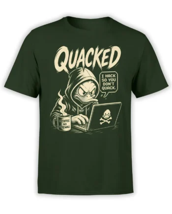 Hooded hacker duck graphic with laptop, coffee mug, and cream lettering on a dark green T-shirt
