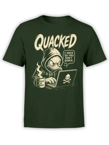Hooded hacker duck graphic with laptop, coffee mug, and cream lettering on a dark green T-shirt