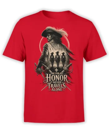 Red warrior T-shirt with three sword-bearing companions, crossed blades, and the words One for All Honor
