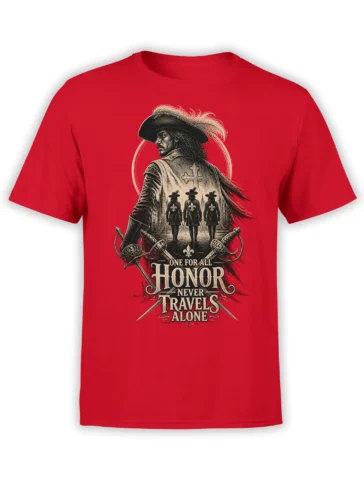 Red warrior T-shirt with three sword-bearing companions, crossed blades, and the words One for All Honor