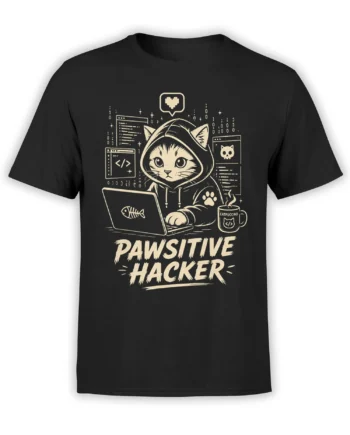 Black T-shirt with a hooded hacker cat, laptop, code symbols, Catpuccino mug, and Pawsitive Hacker text
