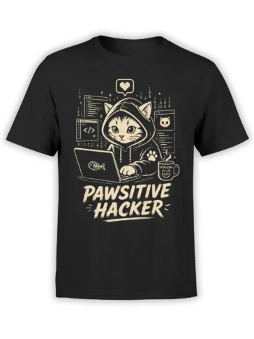 Black T-shirt with a hooded hacker cat, laptop, code symbols, Catpuccino mug, and Pawsitive Hacker text