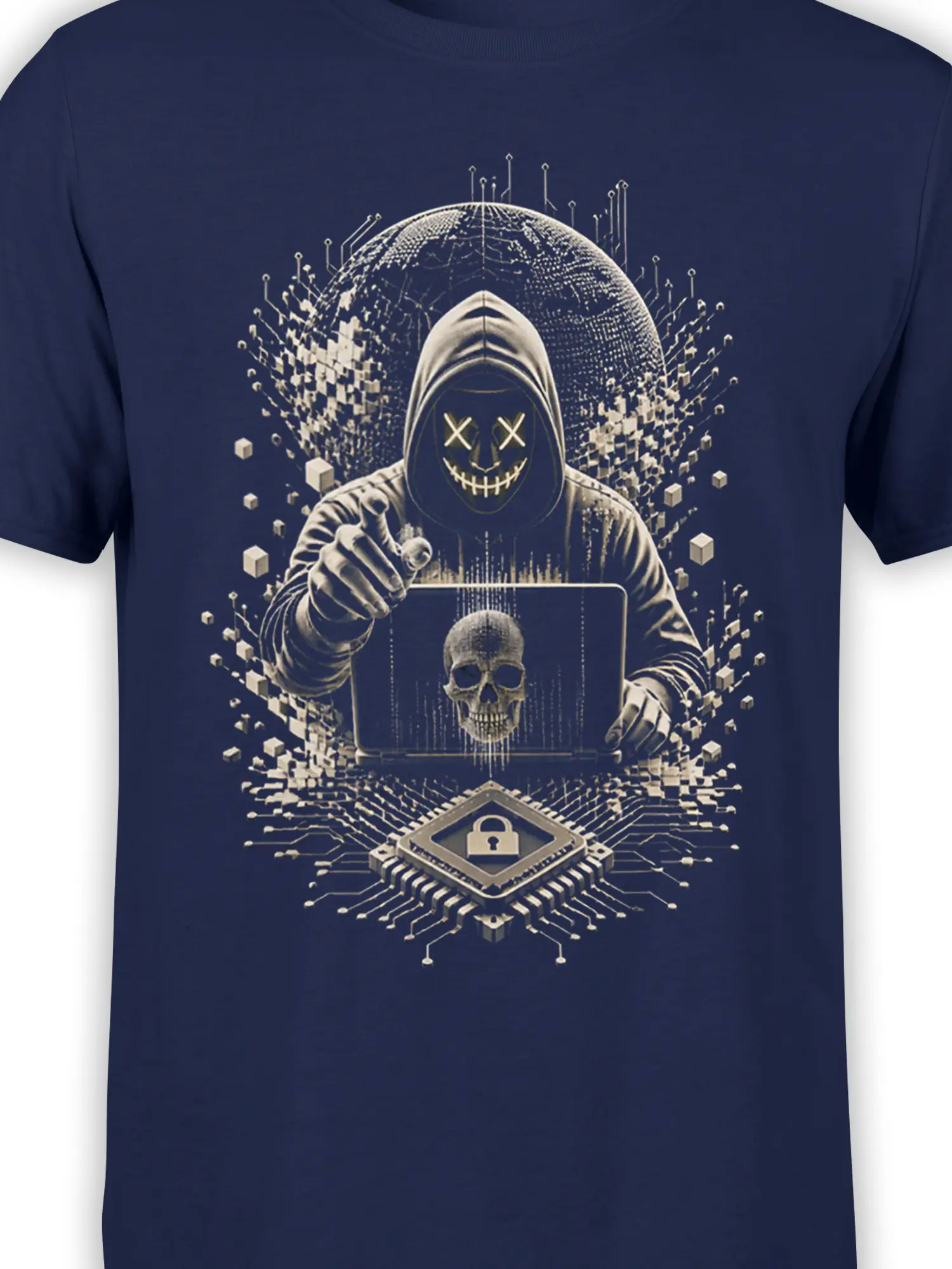 Close-up of the hooded skull hacker design with digital globe, circuitry, laptop, and lock