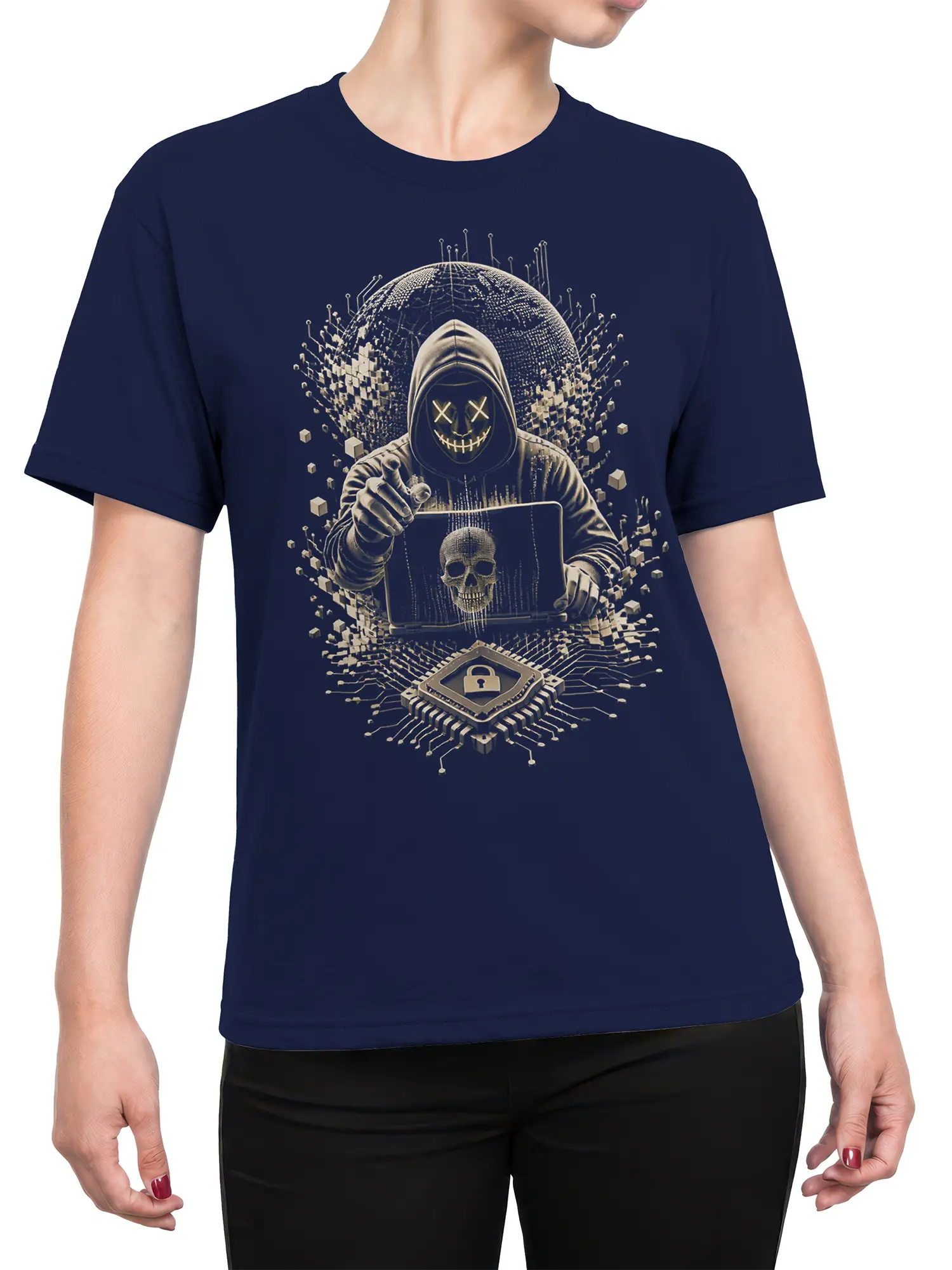 Female torso wearing a navy hacker T-shirt with hooded skull figure and digital circuitry artwork