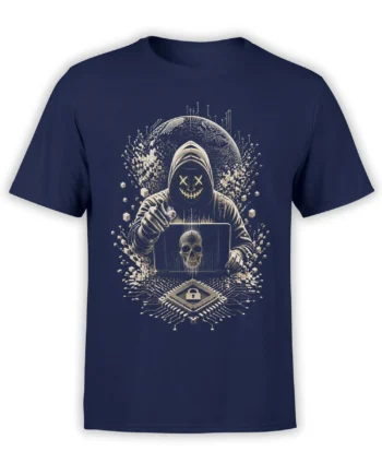 Hooded hacker with skull laptop and locked computer chip on a navy cybersecurity T-shirt