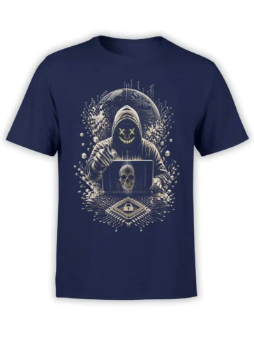 Hooded hacker with skull laptop and locked computer chip on a navy cybersecurity T-shirt