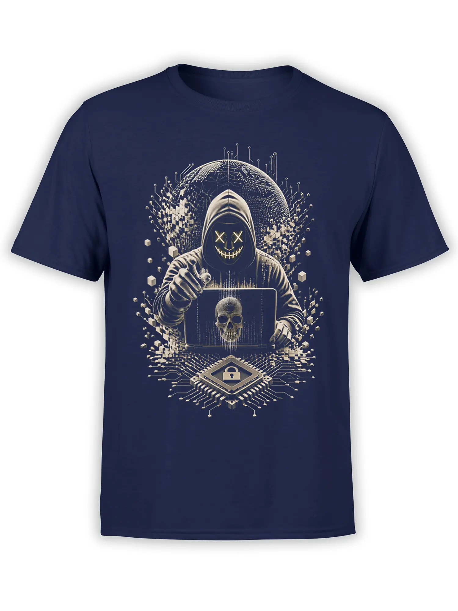 Hooded hacker with skull laptop and locked computer chip on a navy cybersecurity T-shirt