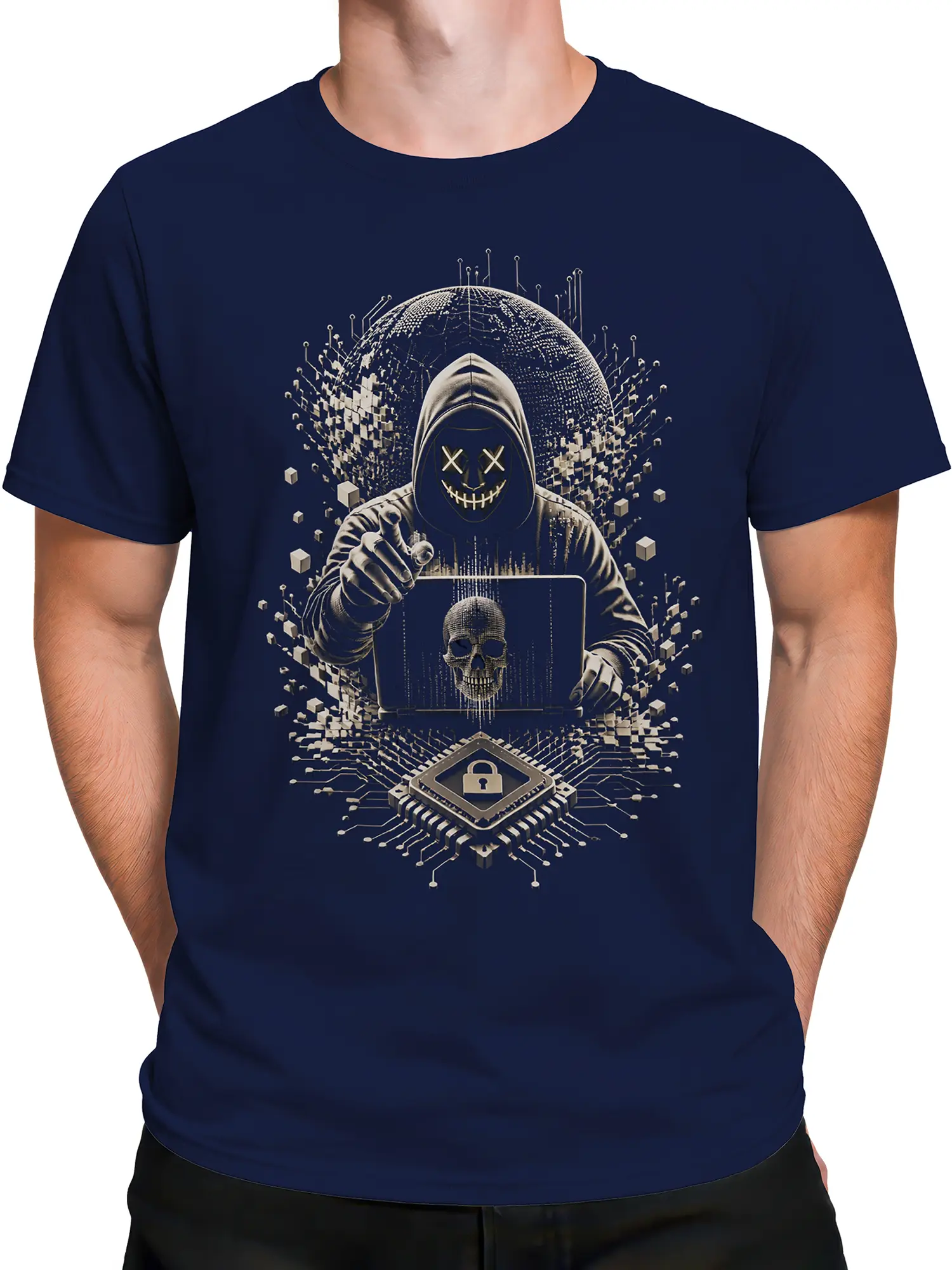 Male torso wearing a navy cybersecurity T-shirt with hooded figure, skull laptop, and locked chip