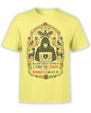 Yellow T-shirt with hooded laptop figure, folk art birds, deer, flowers, and a kindness quote