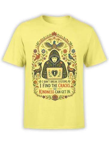 Yellow T-shirt with hooded laptop figure, folk art birds, deer, flowers, and a kindness quote