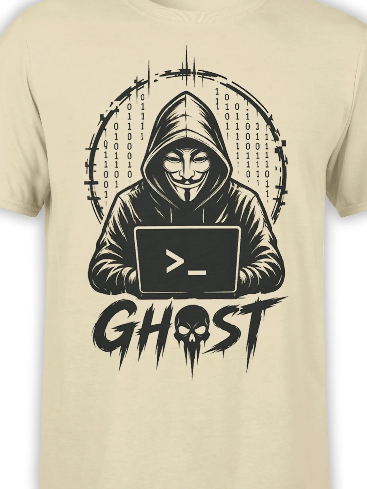 Close-up of masked hacker artwork with laptop, binary code, and GHOST text on beige fabric