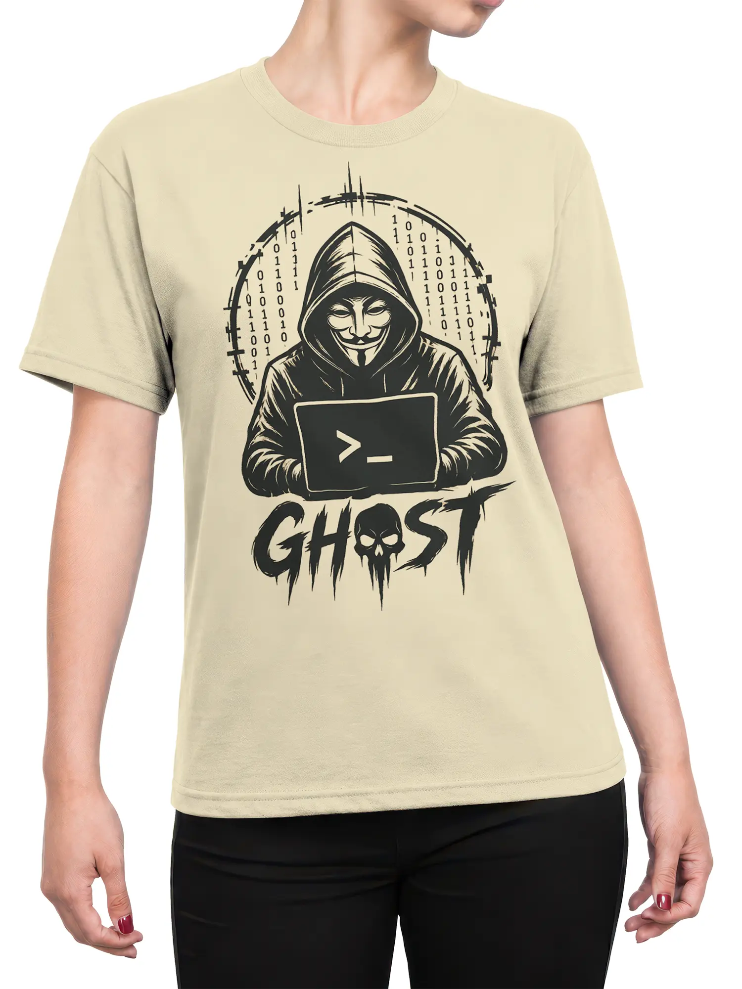Female torso wearing a beige ghost hacker T-shirt with masked figure, laptop, and binary code