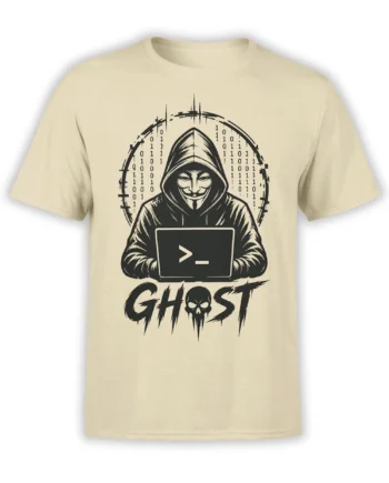 Masked ghost hacker with laptop, binary code, and GHOST lettering on a beige T-shirt