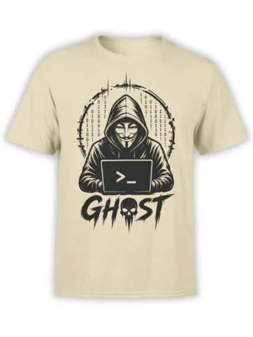 Masked ghost hacker with laptop, binary code, and GHOST lettering on a beige T-shirt