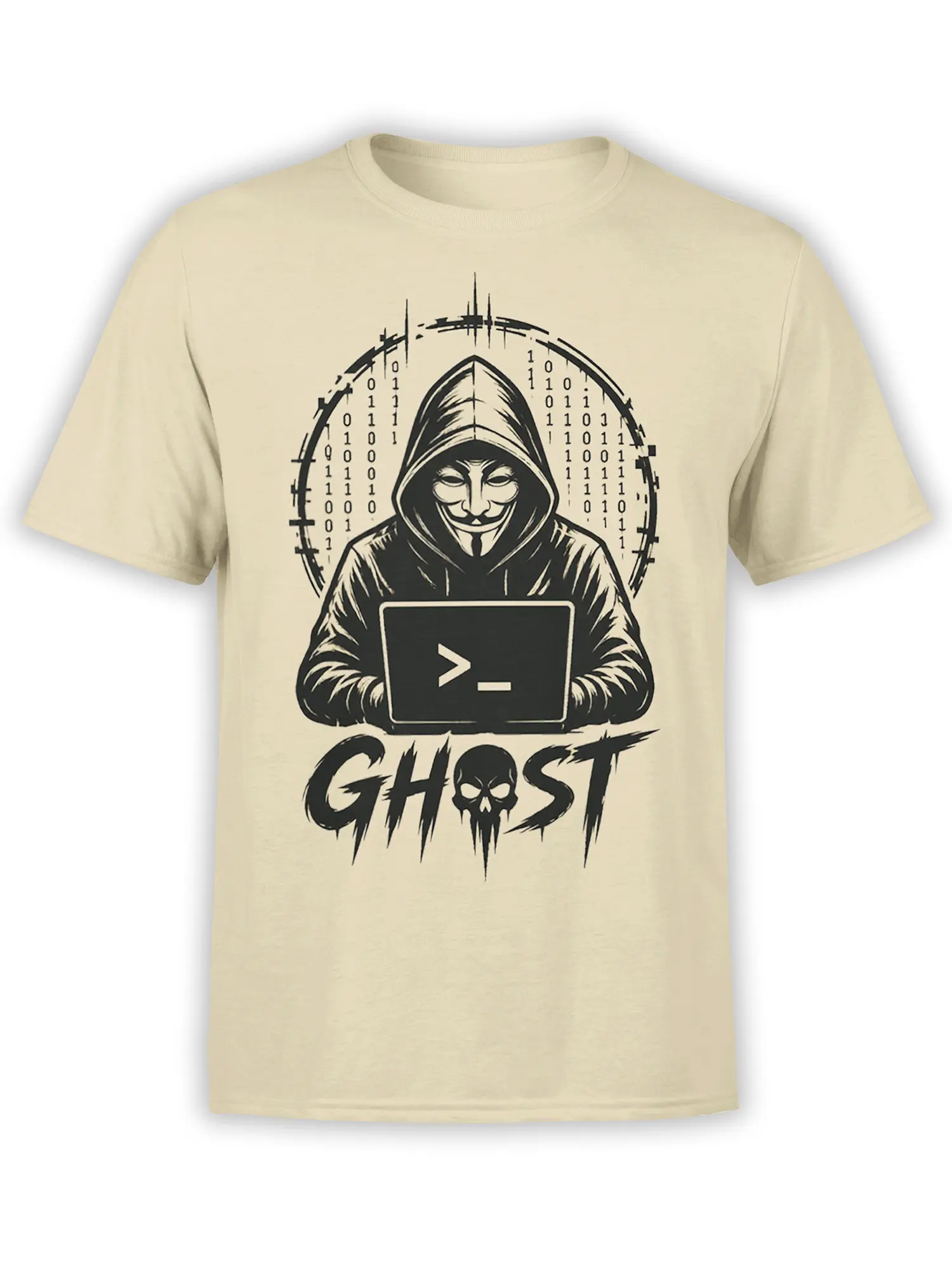 Masked ghost hacker with laptop, binary code, and GHOST lettering on a beige T-shirt