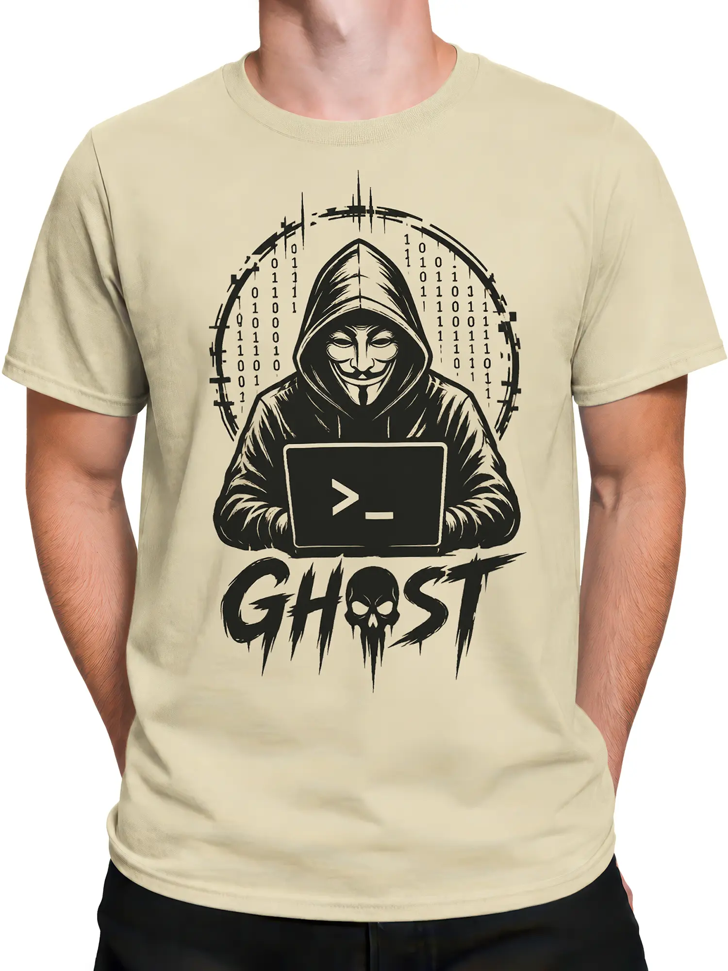 Male torso wearing a beige hacker T-shirt with hooded mask, laptop, binary code, and GHOST design