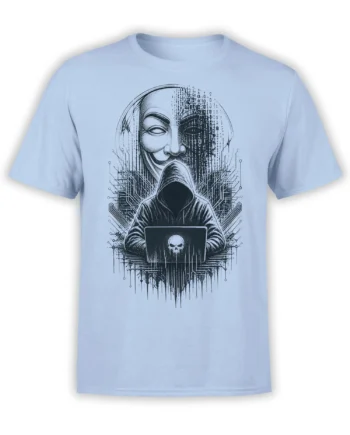 Light blue hacker T-shirt with a hooded figure, masked face, skull laptop, and circuit artwork
