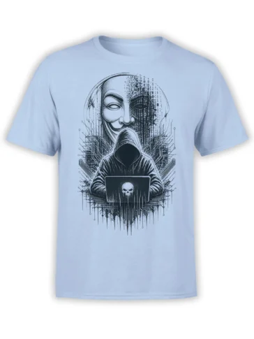 Light blue hacker T-shirt with a hooded figure, masked face, skull laptop, and circuit artwork