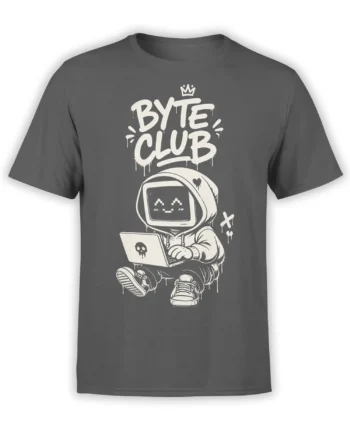Gray astronaut T-shirt with crowned pixel-face character, laptop, and dripping BYE CLUB lettering