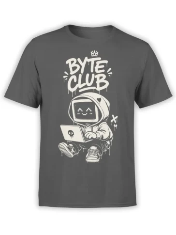 Gray astronaut T-shirt with crowned pixel-face character, laptop, and dripping BYE CLUB lettering