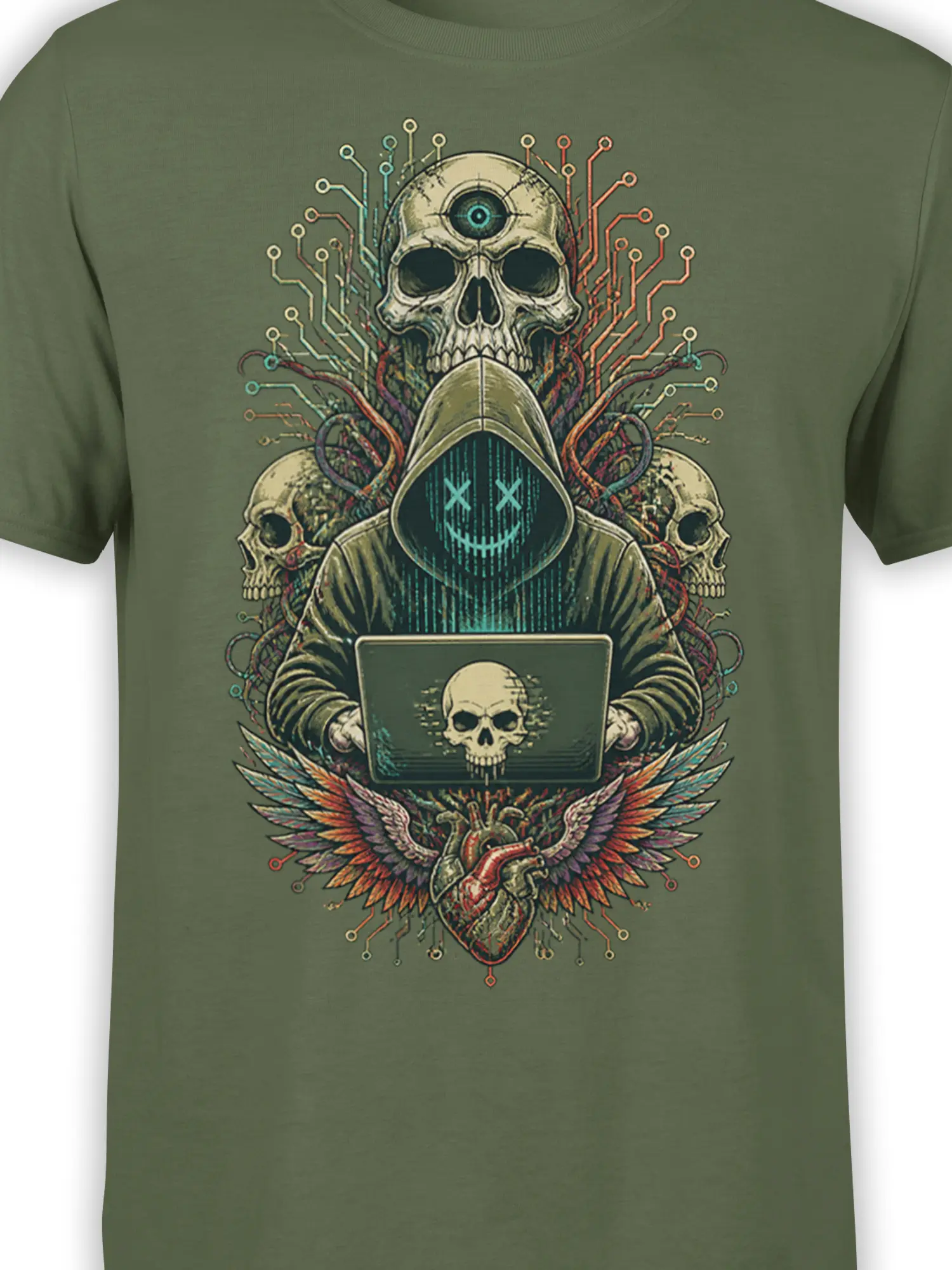 Close-up of hooded skull artwork with third eye, skull laptop, colorful circuits, wings, and heart on olive green fabric