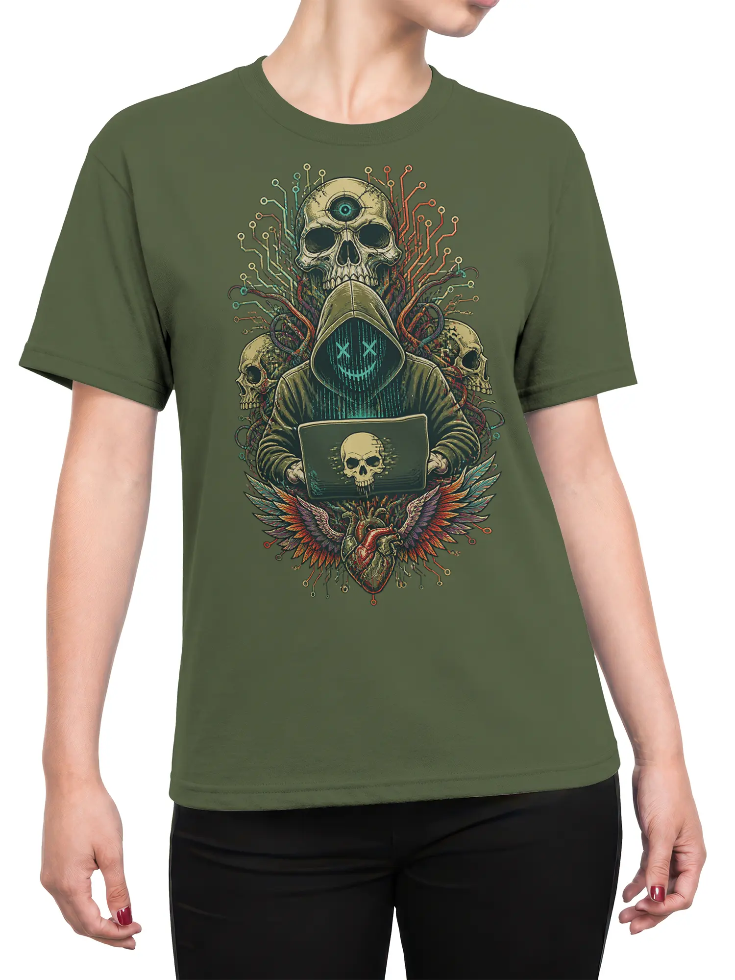 Female torso wearing an olive green cyber skull shirt with hooded figure, third eye, laptop skull, wings, and heart