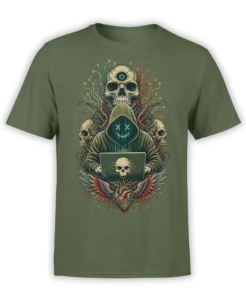Olive green shirt with hooded cyber skull, glowing third eye, skull laptop, circuit lines, wings, and heart