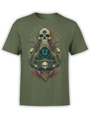 Olive green shirt with hooded cyber skull, glowing third eye, skull laptop, circuit lines, wings, and heart