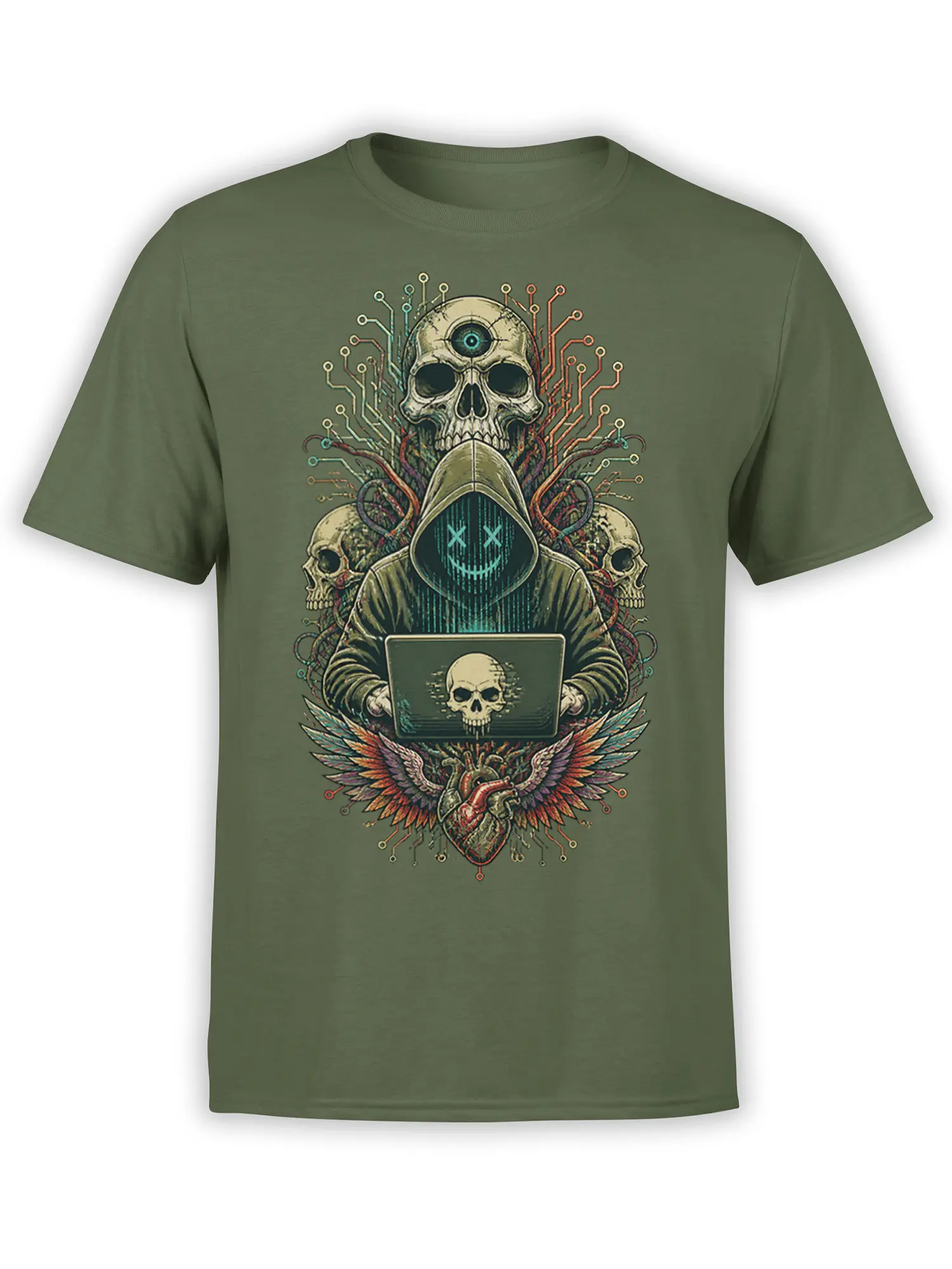 Olive green shirt with hooded cyber skull, glowing third eye, skull laptop, circuit lines, wings, and heart